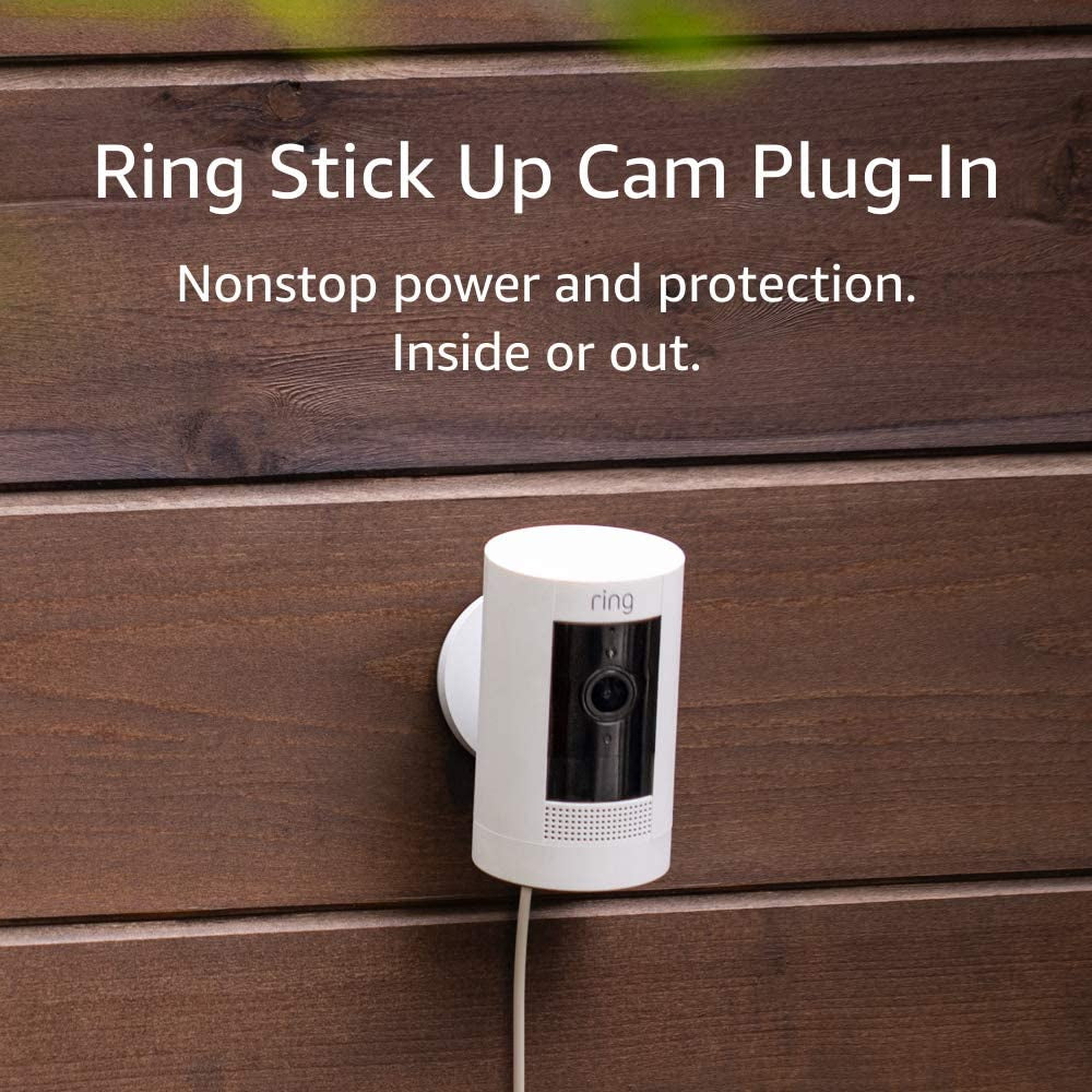 Stick up Cam Plug-In | Weather-Resistant Outdoor Camera, Live View, Color Night Vision, Two-Way Talk, Motion Alerts, Works with Alexa | White