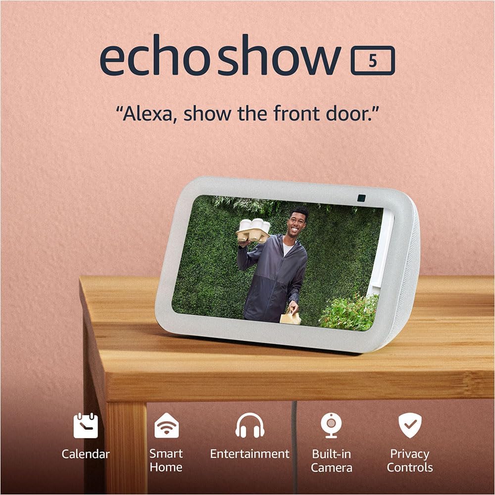 Echo Show 5 (Newest Model), Smart Display with 2X the Bass and Clearer Sound, Glacier White