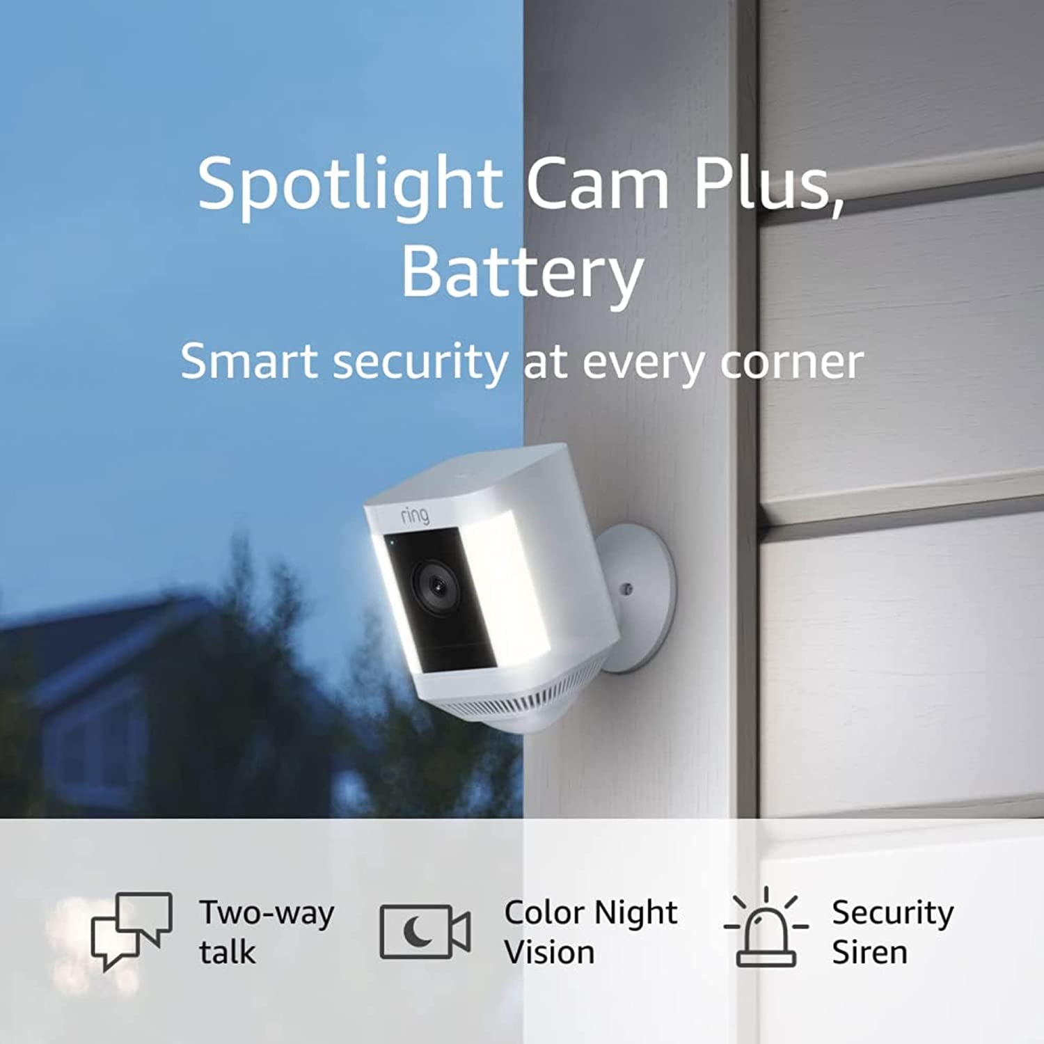 Spotlight Cam Plus, Battery | Two-Way Talk, Color Night Vision, and Security Siren (2022 Release) - White